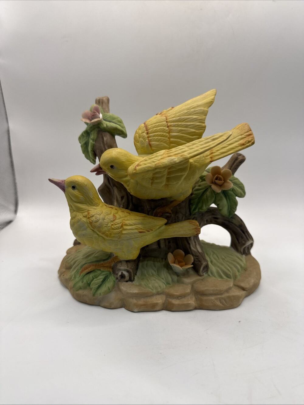 Vintage Porcelain Yellow Bird Figurine 3 Birds Flowers Tree Branch 6.5” *